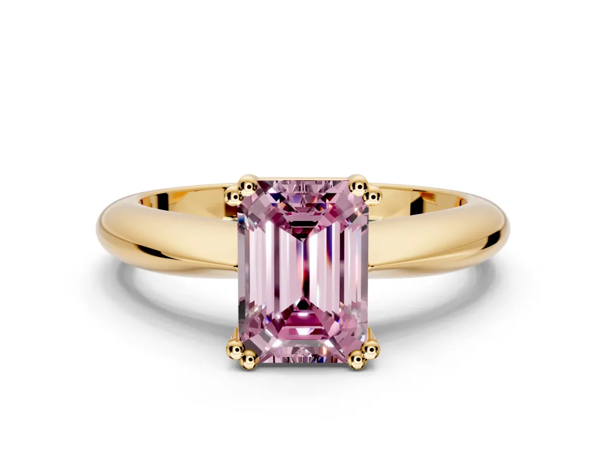 Solitaire Engagement Ring Setting for Fancy Pink Emerald Cut Center with Reverse Tapered Band and Prong Head in Yellow Gold