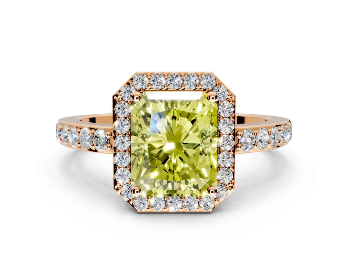 Halo Engagement Ring Setting for Fancy Yellow Radiant Cut Center with Heart-Shaped Openwork, Pave Band and Prong Head in Rose Gold