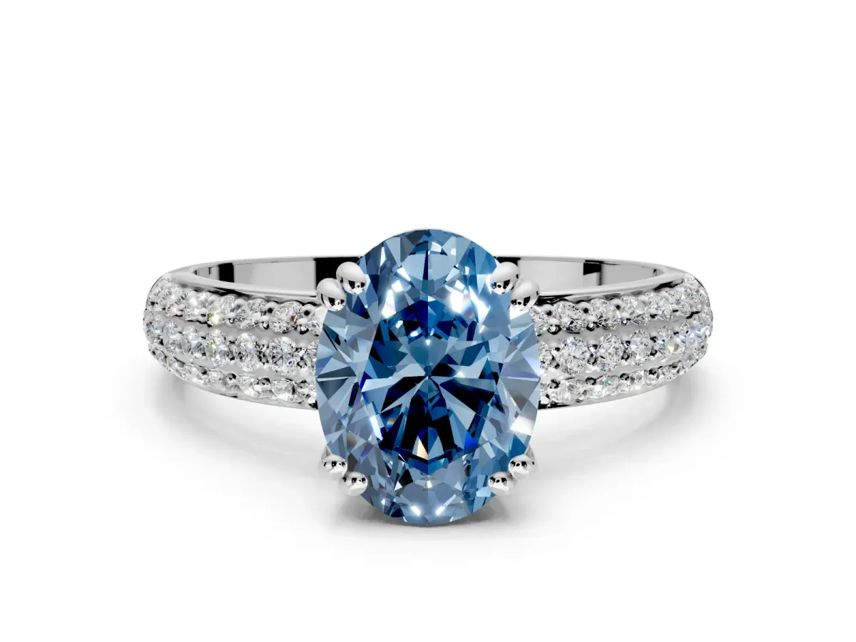 Solitaire Engagement Ring Setting for Fancy Blue Oval Center with Multi-Row Pave Accents and Basket Head in Platinum