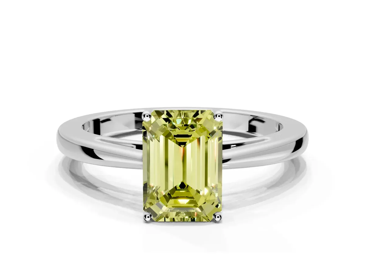 Solitaire Engagement Ring Setting for Fancy Yellow Emerald Cut Center with Open Cathedral Shoulders and Prong Head in Sterling Silver