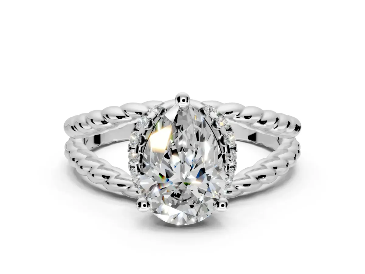 Halo Engagement Ring Setting for Pear-Shaped Center with Rope Twist Split Shank and Prong Head in Platinum