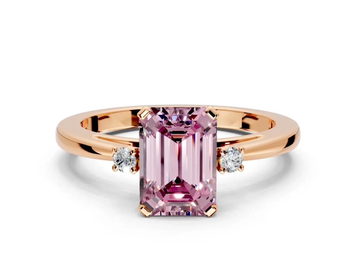 3 Stone Engagement Ring Setting for Fancy Pink Emerald Cut Center with Low-Set Round Cut Accents and Prong Head in Rose Gold