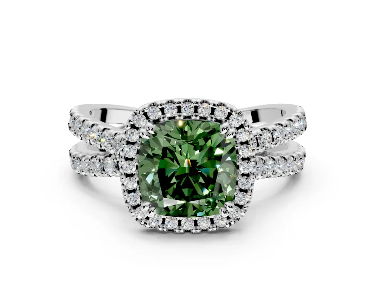 Halo Engagement Ring Setting for Fancy Green Cushion Cut Center with Double Pave Split Shank and Prong Head in Platinum