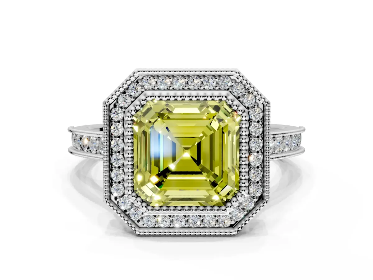 Halo Engagement Ring Setting for Fancy Yellow Asscher Cut Center with Milgrain Pave Band and Bezel Head in Sterling Silver