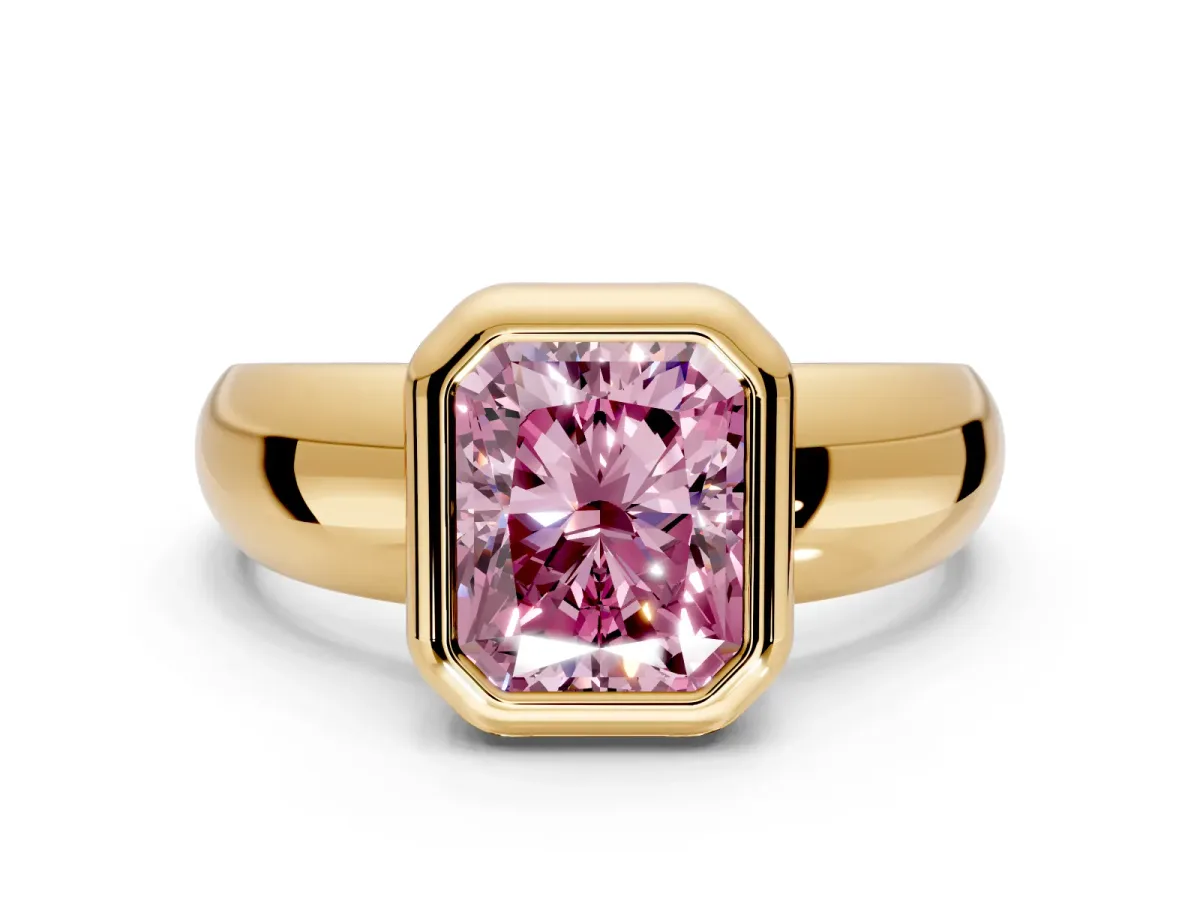 Solitaire Engagement Ring Setting for Fancy Pink Radiant Cut Center with Wide Band and Bezel Head in Yellow Gold