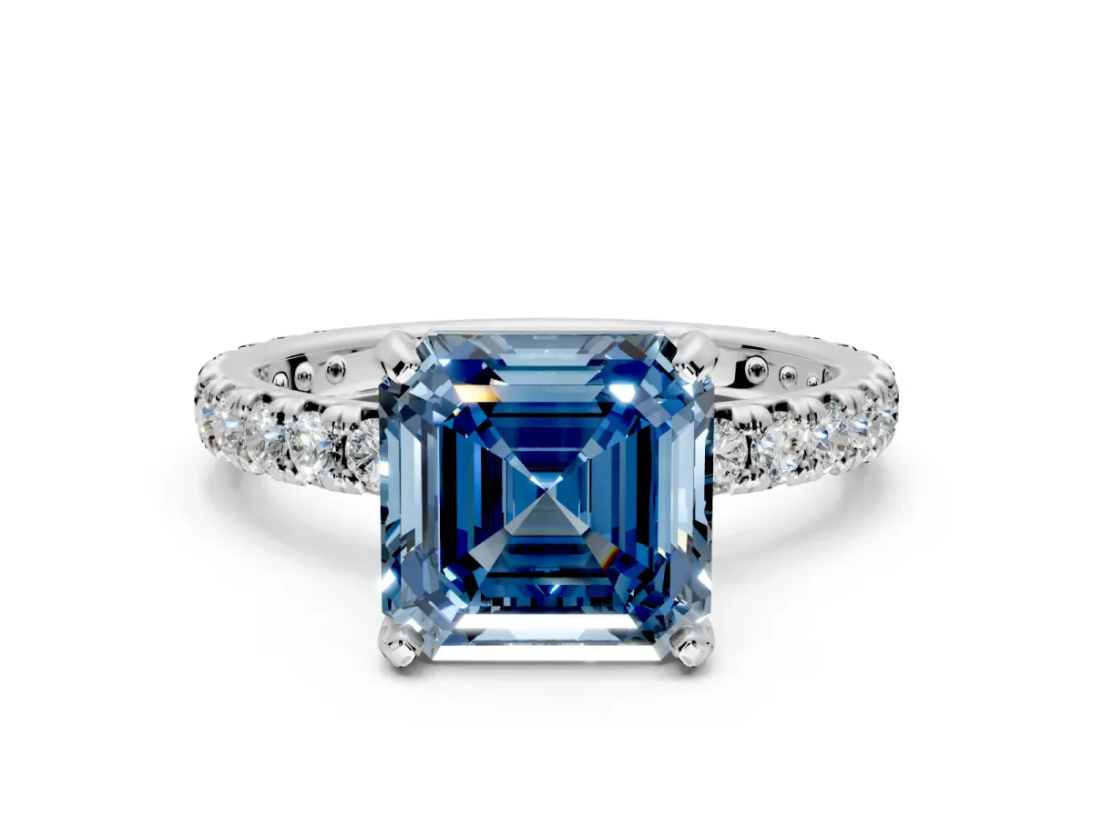 Solitaire Engagement Ring Setting for Fancy Blue Asscher Cut Center with Shared-Prong Accents and Prong Head in Platinum