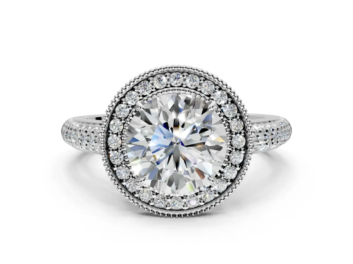 Milgrain Halo Engagement Ring Setting for Round Cut Center with Three-Sided Pave Band and Prong Head in Sterling Silver