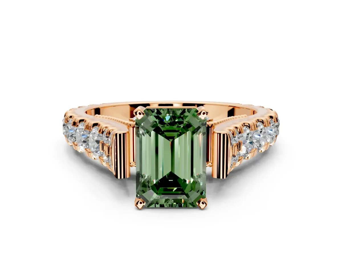 Solitaire Engagement Ring Setting for Fancy Green Emerald Cut Center with Pave Cathedral Shoulders and Prong Head in Rose Gold