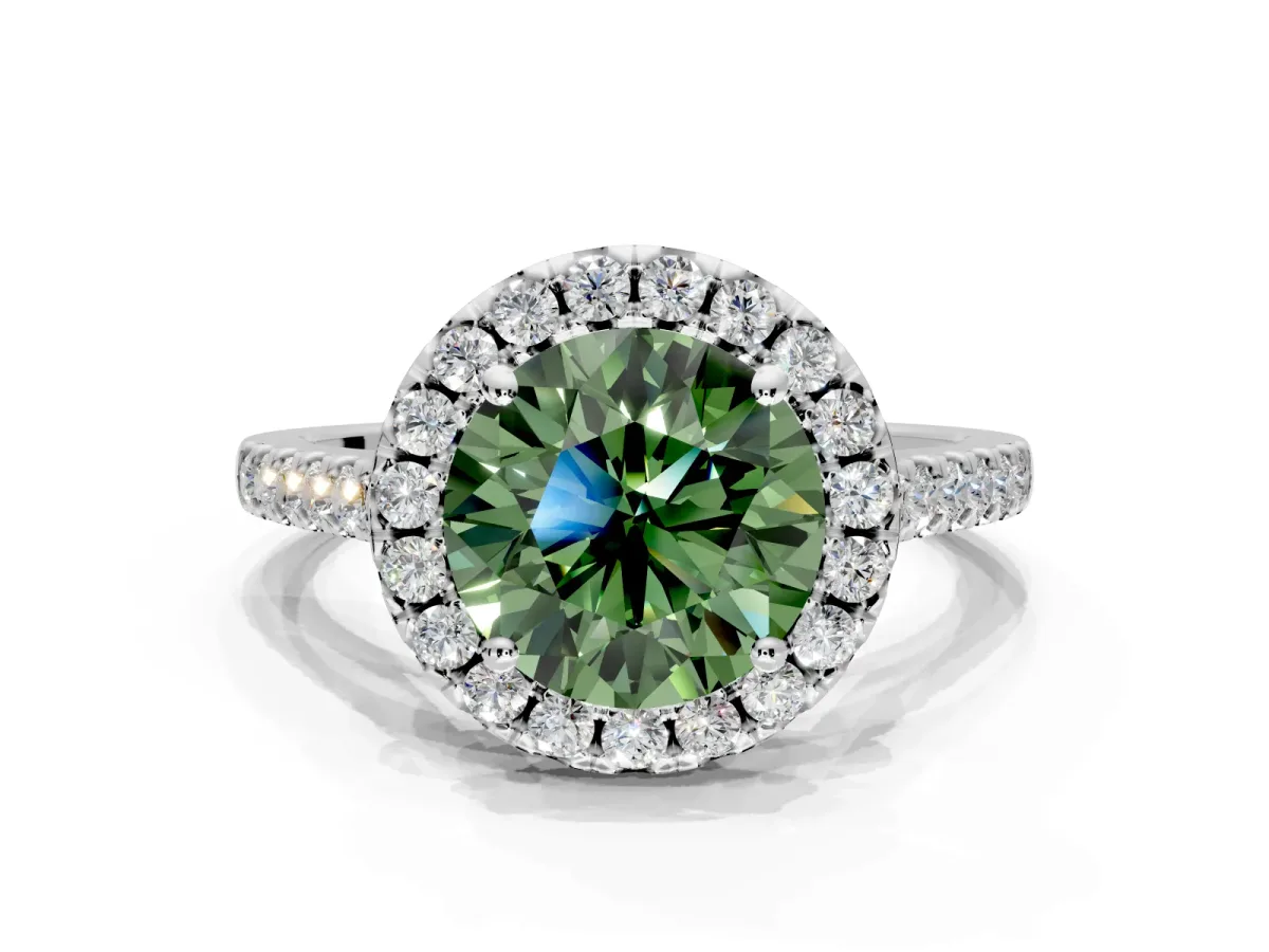 Halo Engagement Ring Setting for Fancy Green Round Cut Center with Raised Halo, Pave Band and Prong Head in Platinum