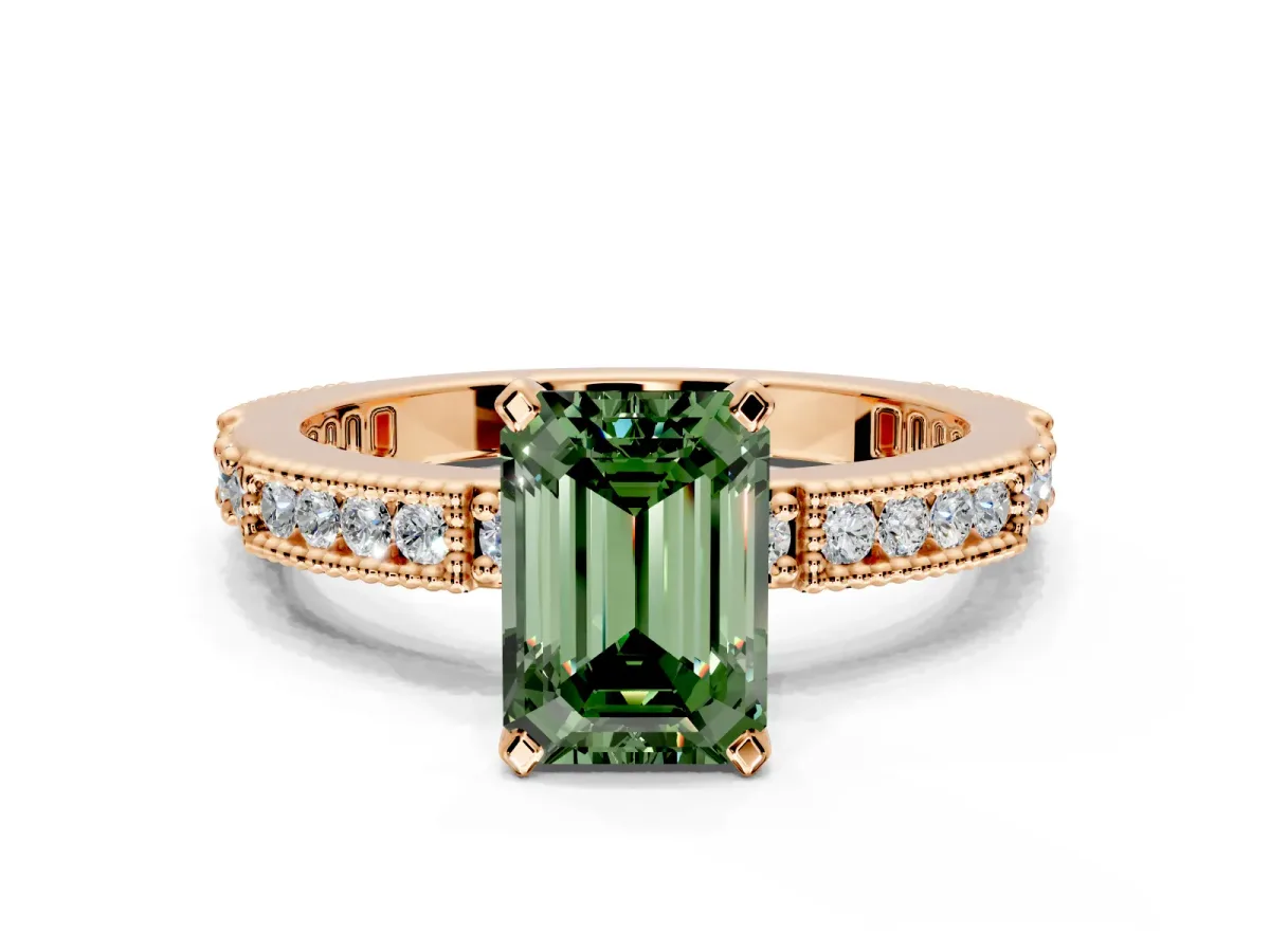 Solitaire Engagement Ring Setting for Fancy Green Emerald Cut Center with Milgrain-Edged Pave Band and Prong Head in Rose Gold