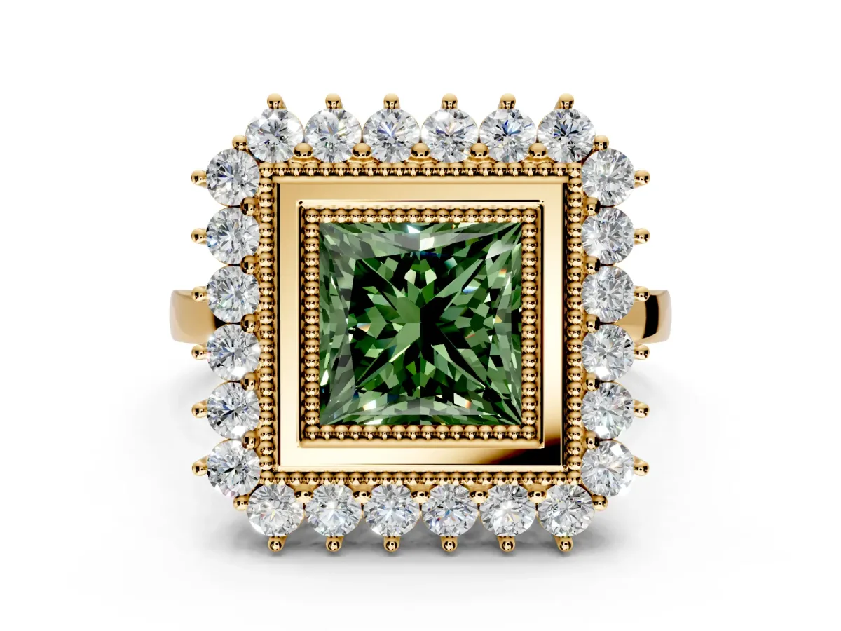 Halo Engagement Ring Setting for Fancy Green Princess Cut Center with Milgrain Bezel Rim, Plain Band and Prong Head in Yellow Gold