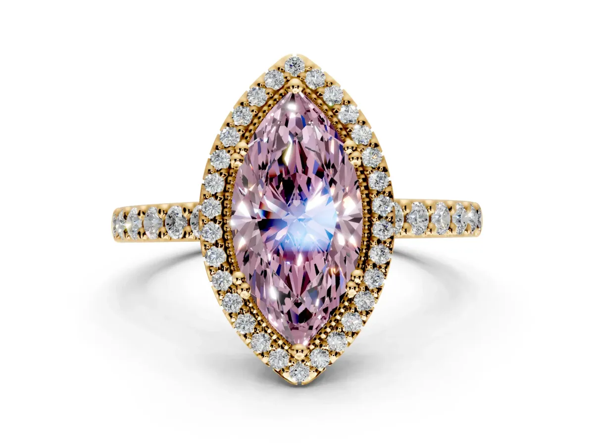 Halo Engagement Ring Setting for Fancy Pink Marquise Center with Inner Milgrain Border and Prong Head in Yellow Gold