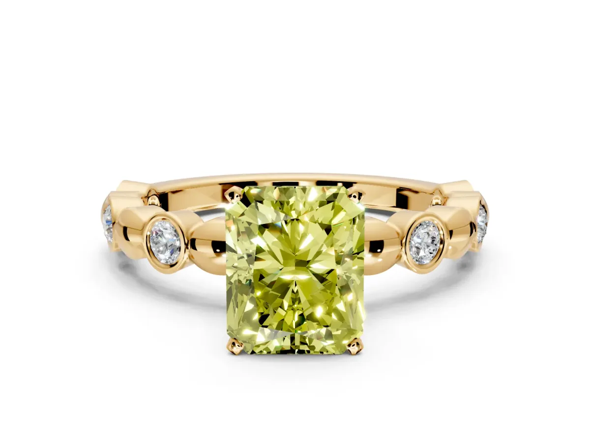 Solitaire Engagement Ring Setting for Fancy Yellow Radiant Cut Center with Beaded Bezel Station Band and Prong Head in Yellow Gold