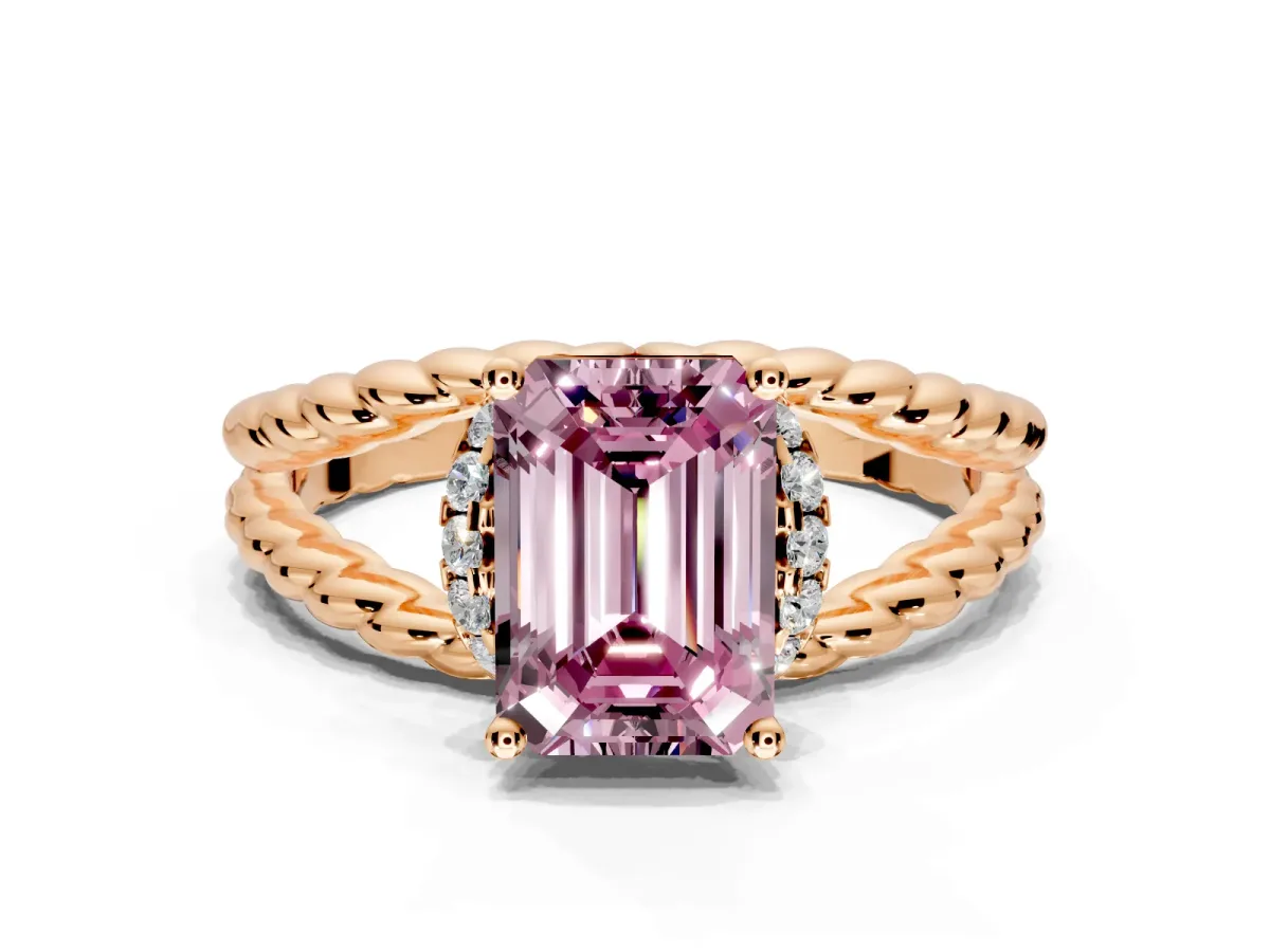 Halo Engagement Ring Setting for Fancy Pink Emerald Cut Center with Rope Twist Split Shank and Prong Head in Rose Gold