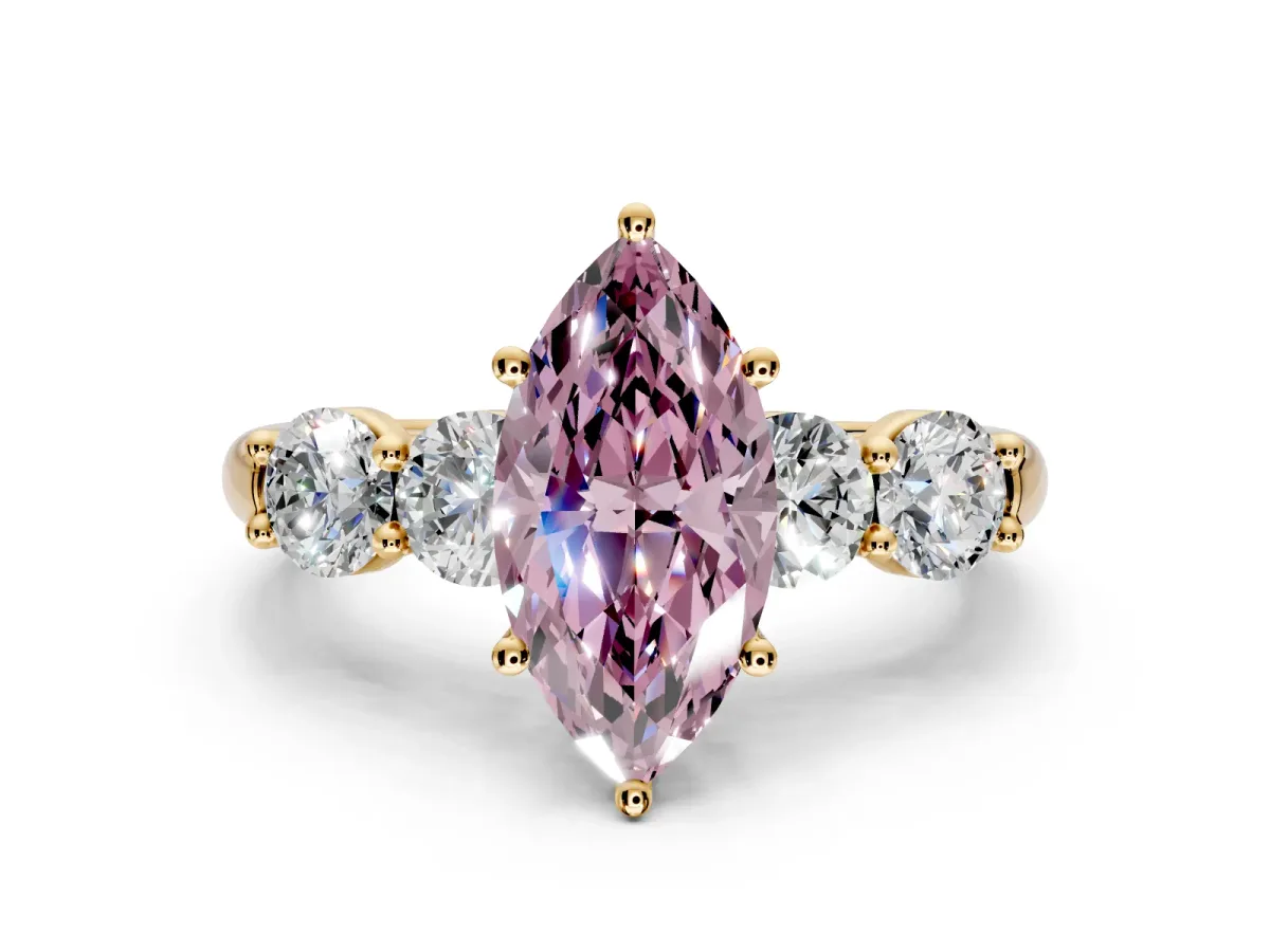 5 Stone Engagement Ring Setting for Fancy Pink Marquise Center with Graduated Accents and Prong Head in Yellow Gold