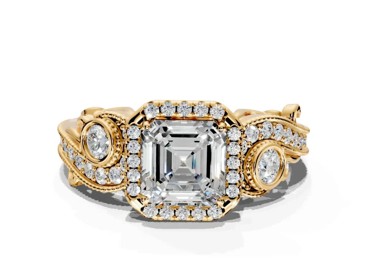 Milgrain Halo Engagement Ring Setting for Asscher Cut Center with Shoulder Bezels and Prong Head in Yellow Gold