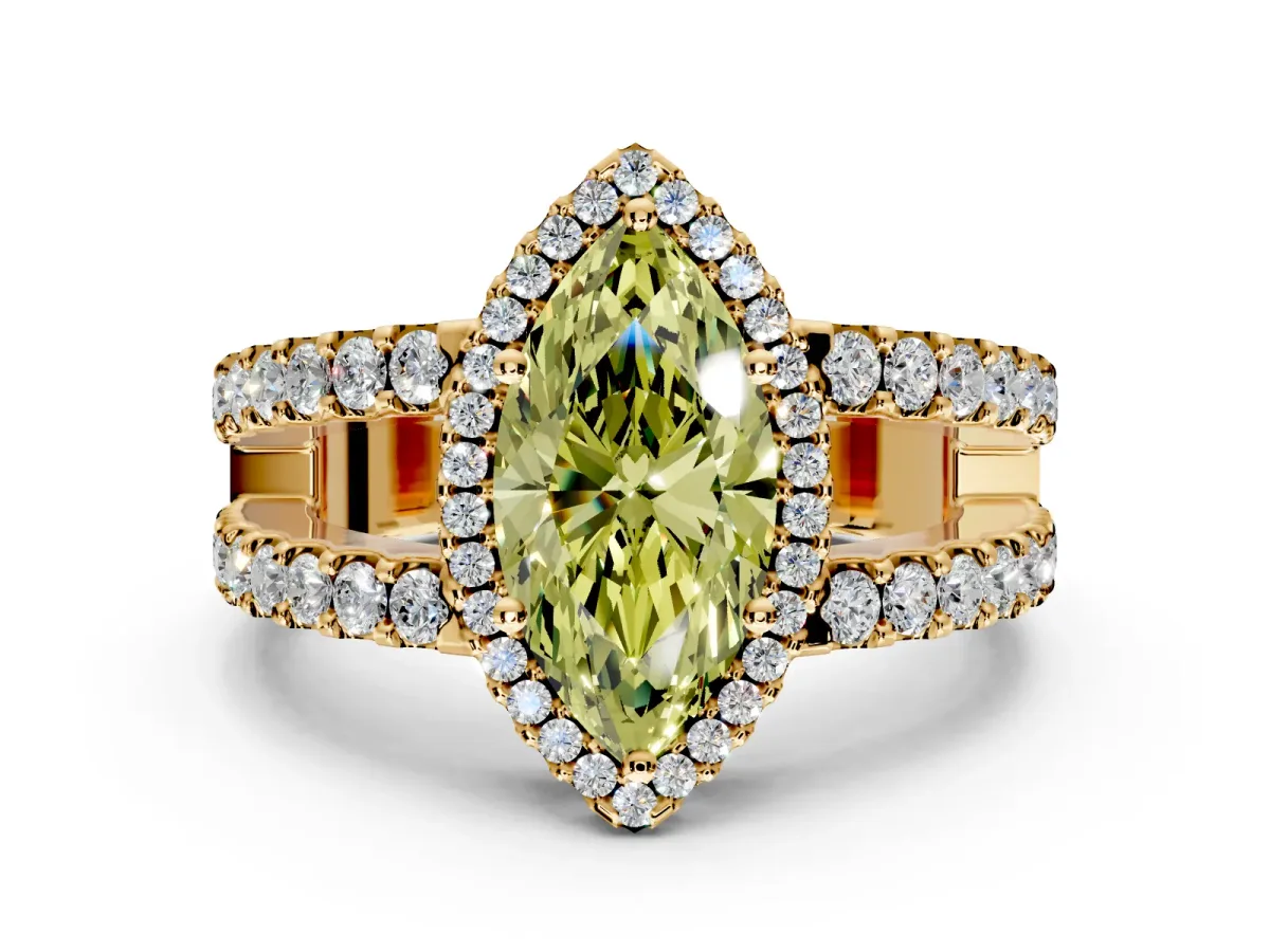 Halo Engagement Ring Setting for Fancy Yellow Marquise Center with Wide-Open Pave Split Shank and Prong Head in Yellow Gold
