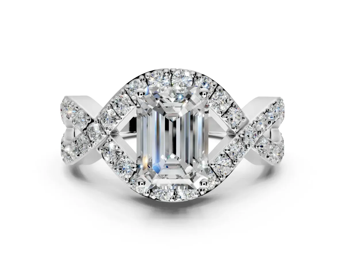 Halo Engagement Ring Setting for Emerald Cut Center with Pave Infinity Twist Band and Prong Head in Platinum