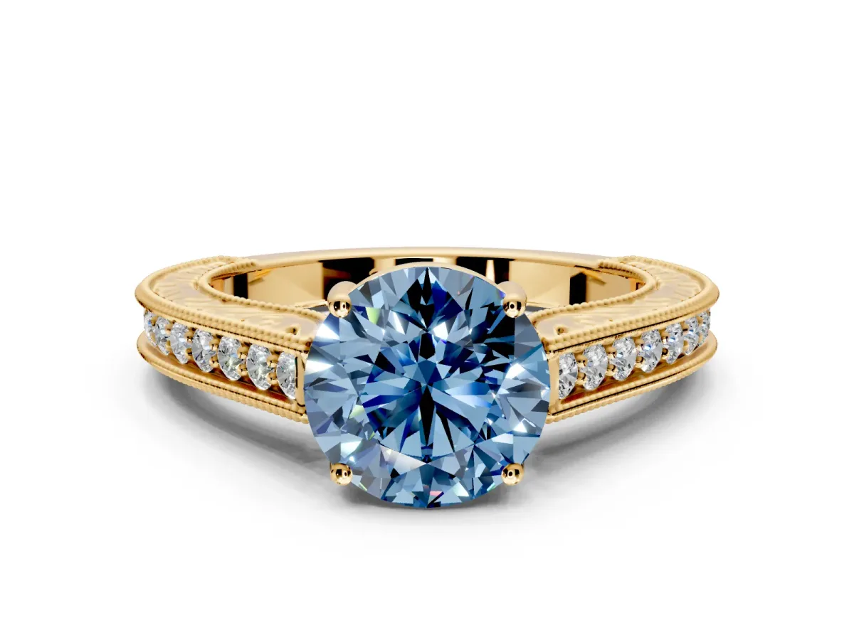 Solitaire Engagement Ring Setting for Fancy Blue Round Cut Center with Engraved Pave Band and Prong Head in Yellow Gold