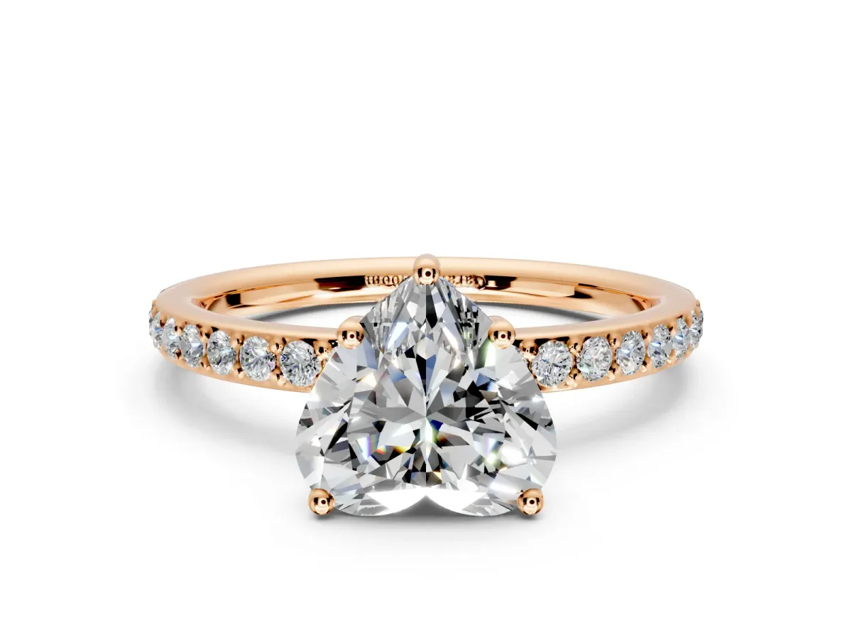 Solitaire Engagement Ring Setting for Heart-Shaped Center with Fine Pave Band and Prong Head in Rose Gold