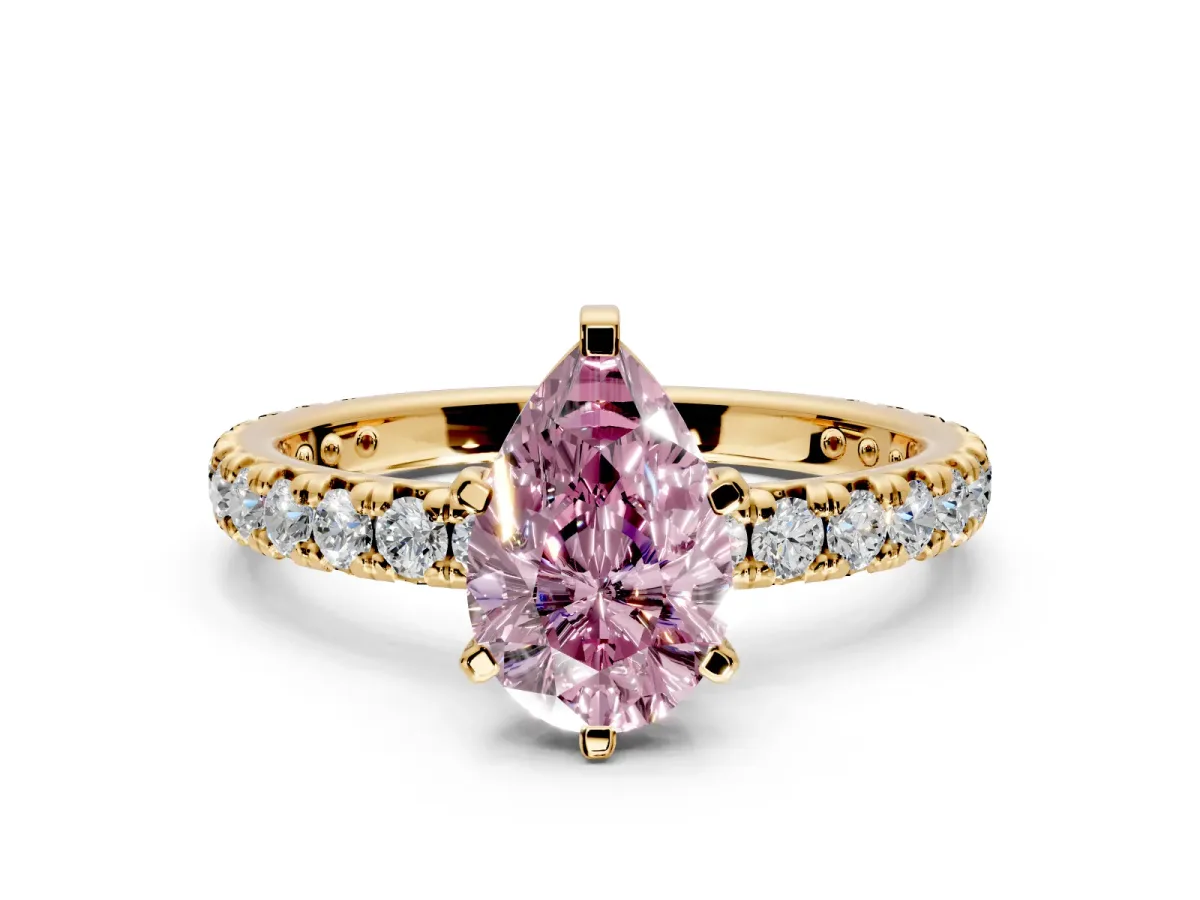 Solitaire Engagement Ring Setting for Fancy Pink Pear-Shaped Center with Shared-Prong Accents and Prong Head in Yellow Gold