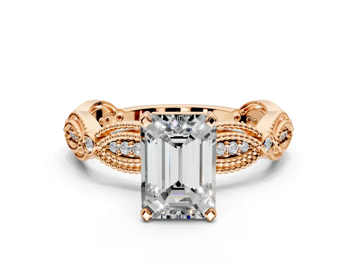 Solitaire Engagement Ring Setting for Emerald Cut Center with Marquise Panel Band and Prong Head in Rose Gold