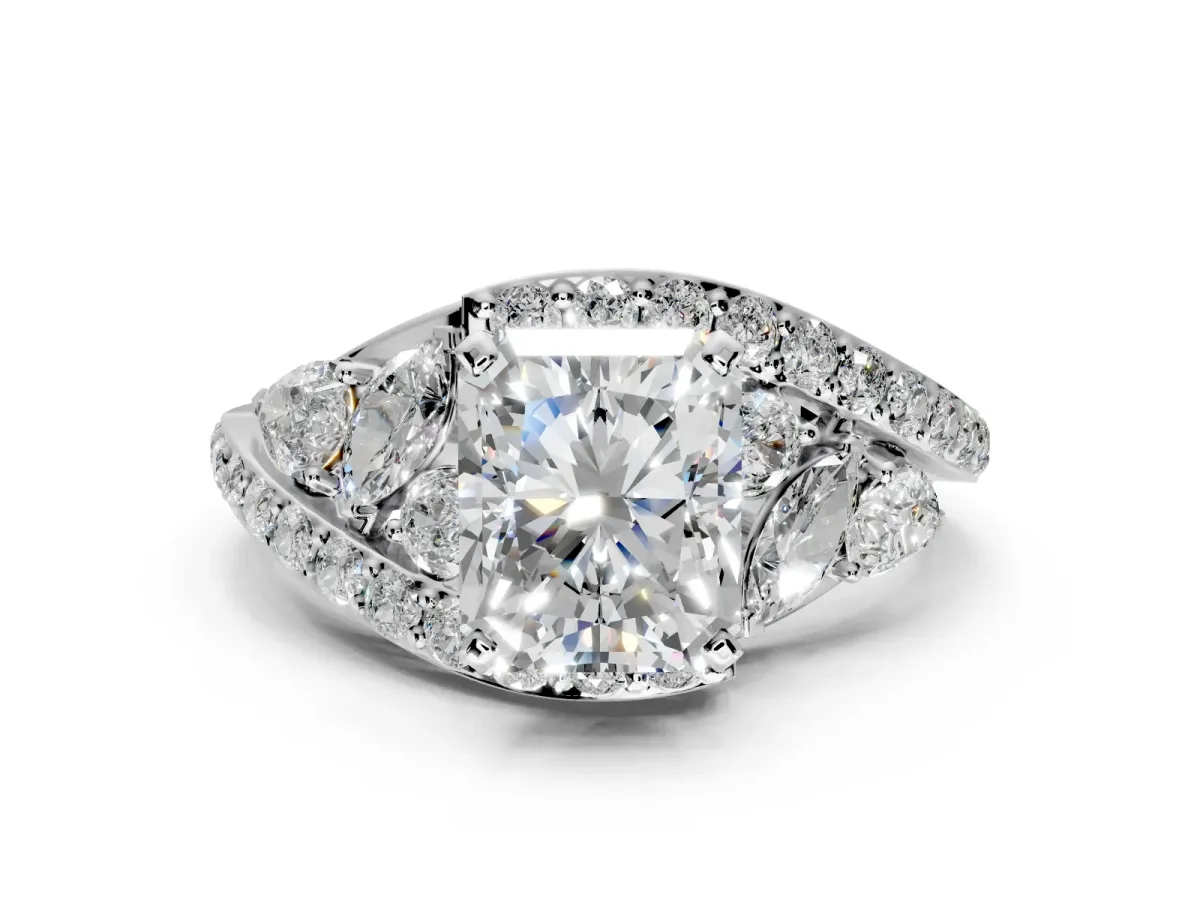 Halo Engagement Ring Setting for Radiant Cut Center with Marquise and Pave Bypass Band and Prong Head in White Gold