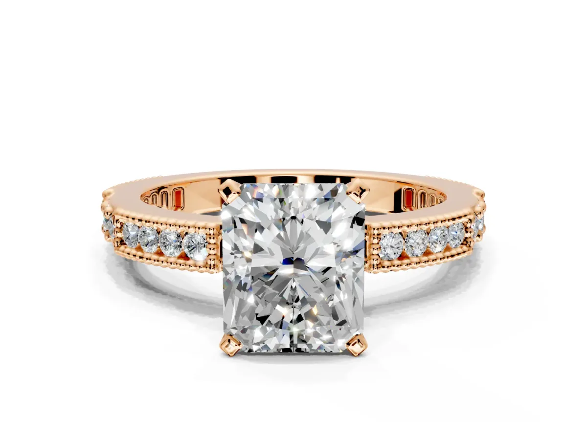 Solitaire Engagement Ring Setting for Radiant Cut Center with Milgrain-Edged Pave Band and Prong Head in Rose Gold