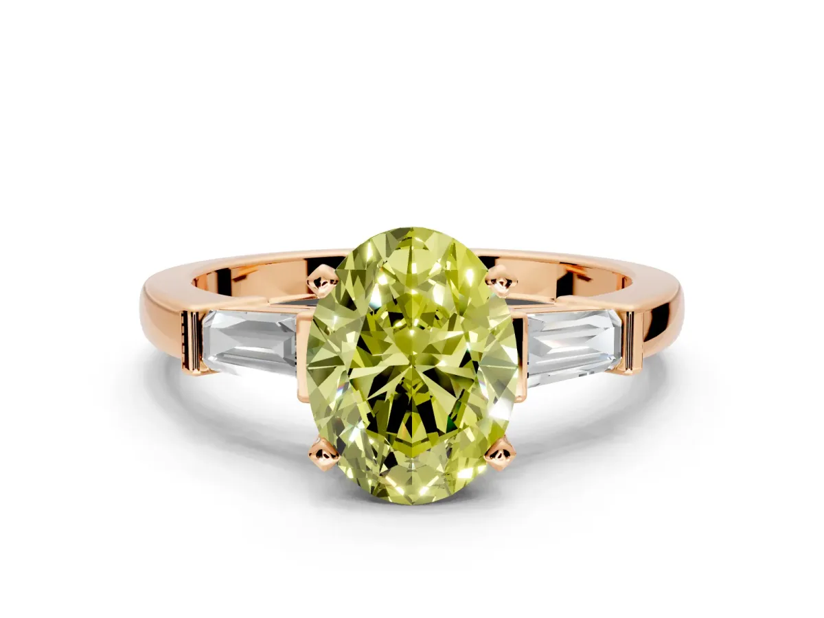 3 Stone Engagement Ring Setting for Fancy Yellow Oval Center with Channel Baguette Accents and Prong Head in Rose Gold