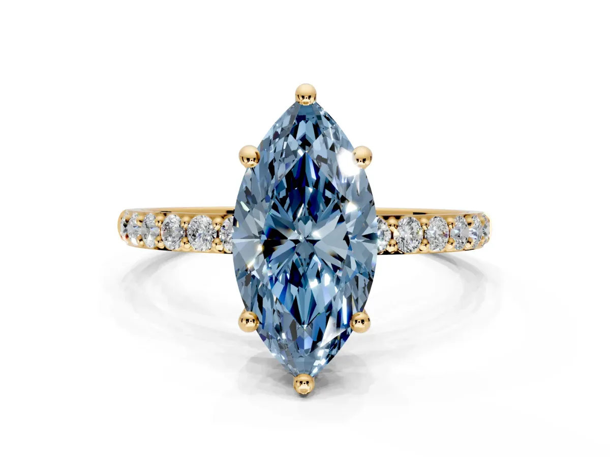 Solitaire Engagement Ring Setting for Fancy Blue Marquise Center with Pave Accents and Prong Head in Yellow Gold