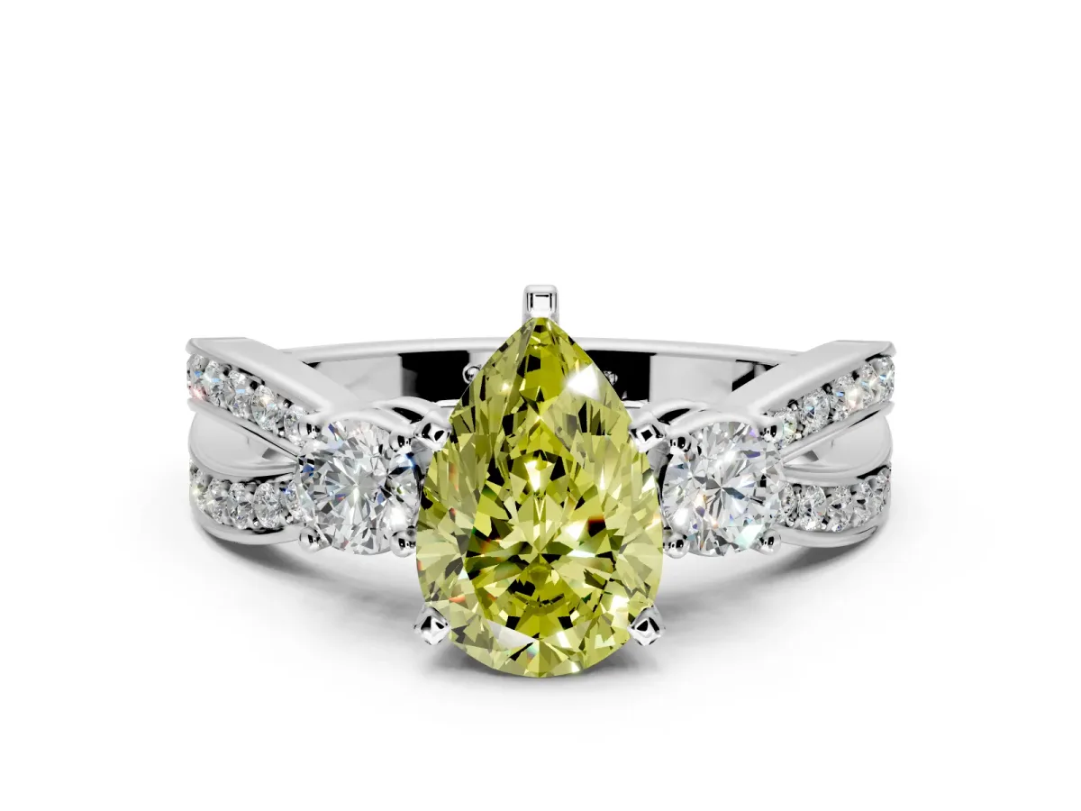 3 Stone Engagement Ring Setting for Fancy Yellow Pear-Shaped Center with Pave Twist Band and Prong Head in Platinum