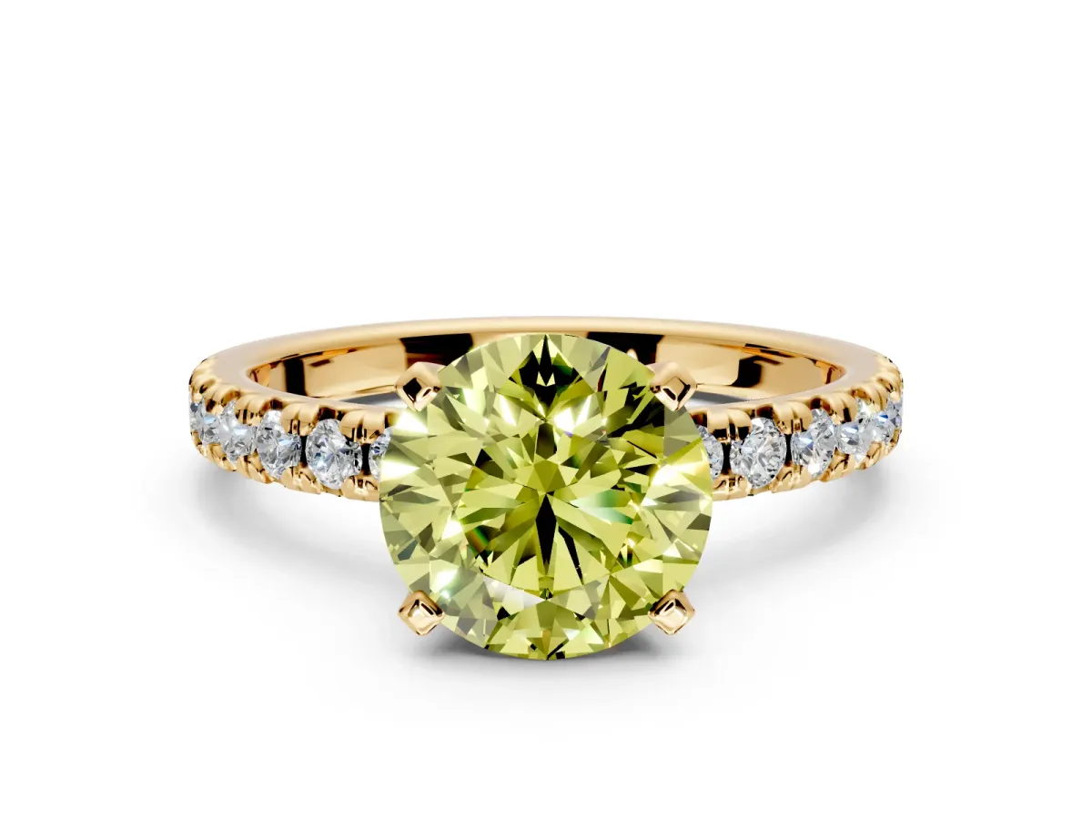 Solitaire Engagement Ring Setting for Fancy Yellow Round Cut Center with Large Accents and Prong Head in Yellow Gold