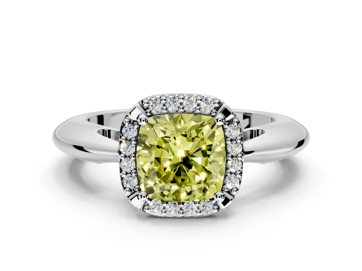 Halo Engagement Ring Setting for Fancy Yellow Cushion Cut Center with Tapered Plain Band and Prong Head in Sterling Silver