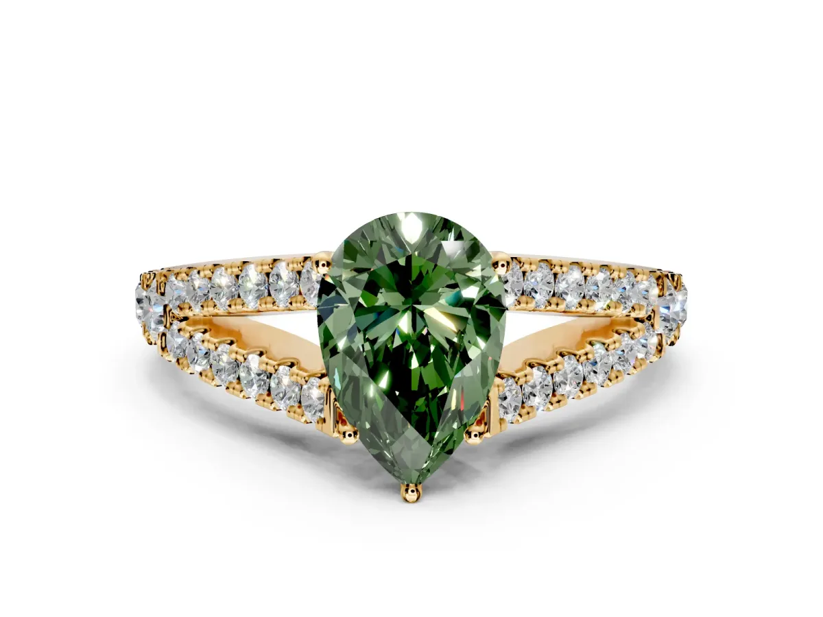 Solitaire Engagement Ring Setting for Fancy Green Pear-Shaped Center with Pave Split Shank and Prong Head in Yellow Gold