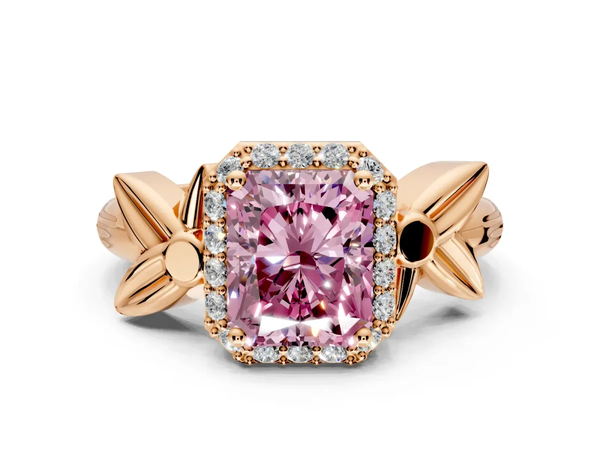Halo Engagement Ring Setting for Fancy Pink Radiant Cut Center with Floral Band and Prong Head in Rose Gold