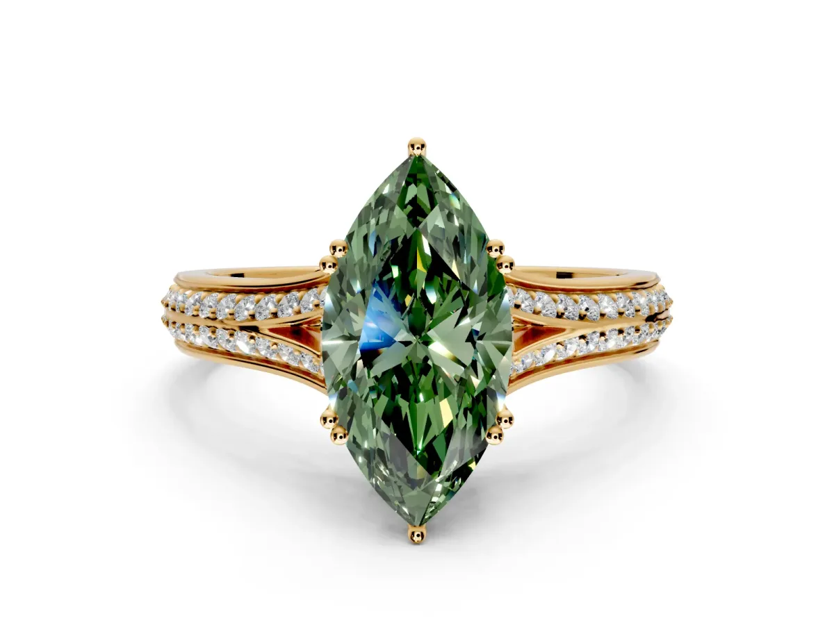 Solitaire Engagement Ring Setting for Fancy Green Marquise Center with Pave Rail Split Shank and Prong Head in Yellow Gold