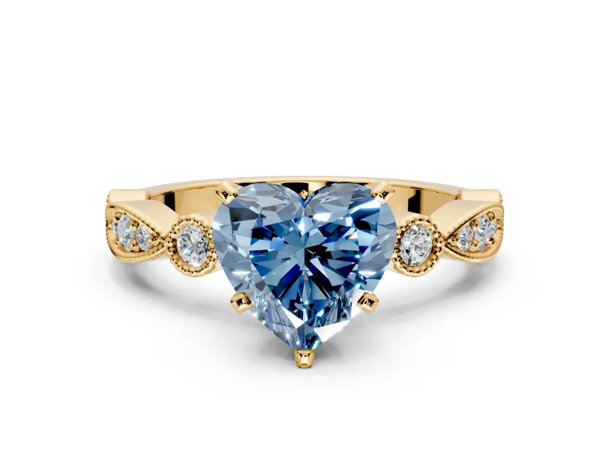 Solitaire Engagement Ring Setting for Fancy Blue Heart-Shaped Center with Milgrain Bezel Accents and Prong Head in Yellow Gold