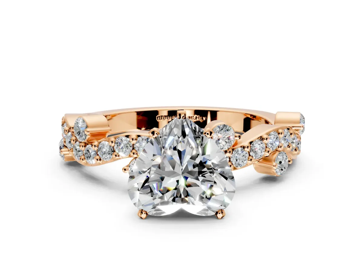 Solitaire Engagement Ring Setting for Heart-Shaped Center with Bar-Station Pave Twist and Prong Head in Rose Gold