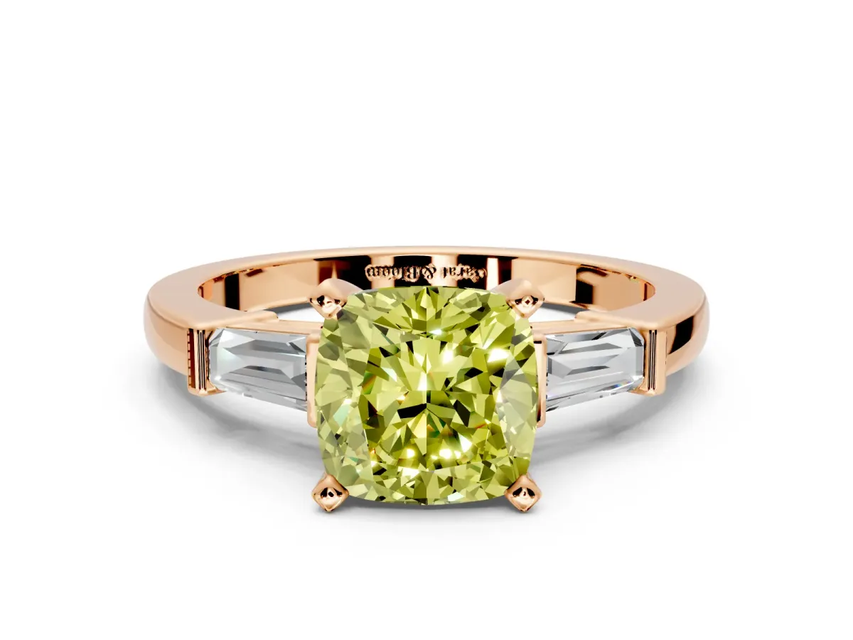 3 Stone Engagement Ring Setting for Fancy Yellow Cushion Cut Center with Channel Baguette Accents and Prong Head in Rose Gold