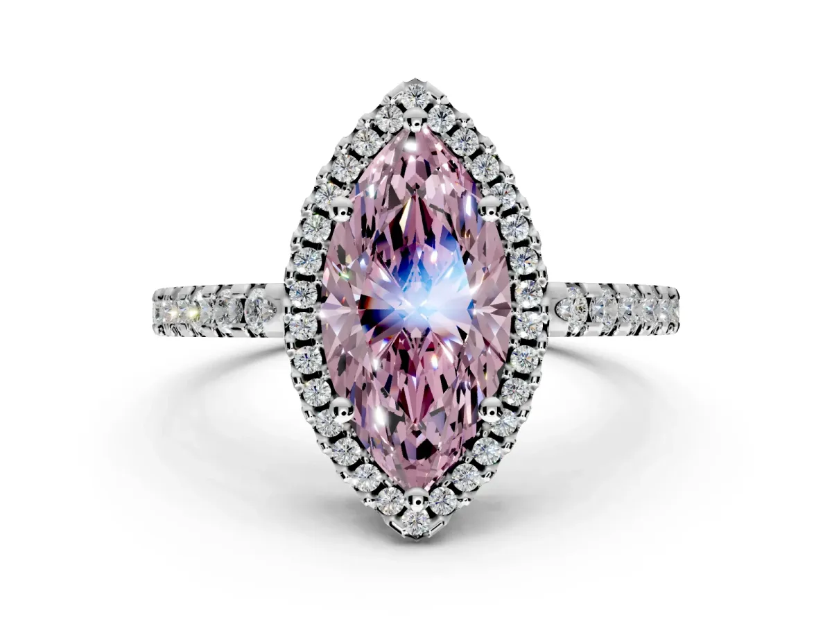 Accent Halo Engagement Ring Setting for Fancy Pink Marquise Center with Full-Length Pave Band and Prong Head in Platinum