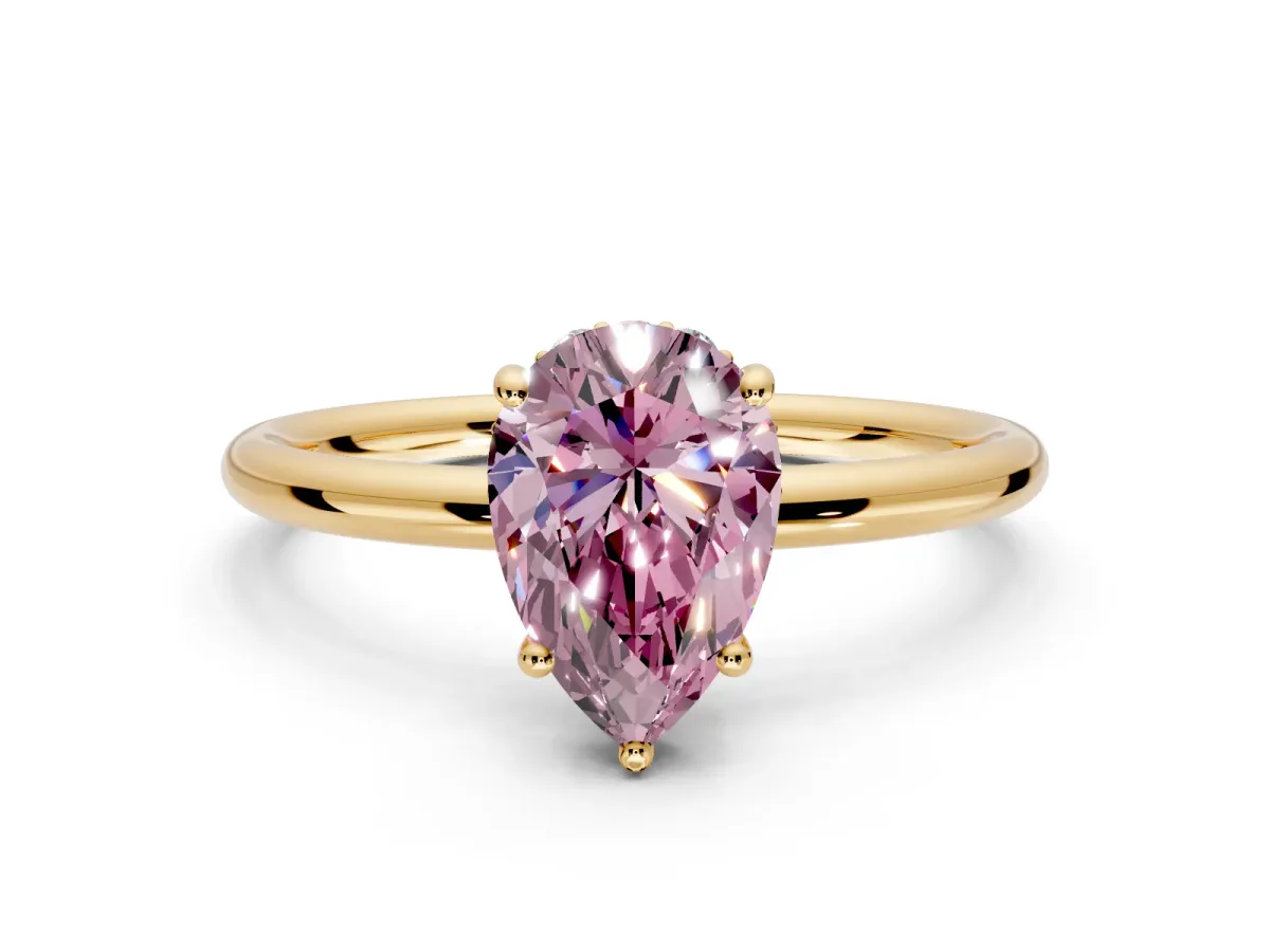 Solitaire Engagement Ring Setting for Fancy Pink Pear-Shaped Center with Plain Band, Open Basket and Prong Head in Yellow Gold