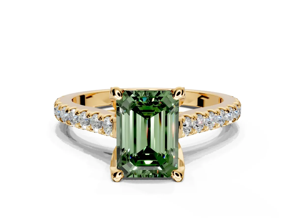 Solitaire Engagement Ring Setting for Fancy Green Emerald Cut Center with Widening Pave Band and Claw Prong Head in Yellow Gold