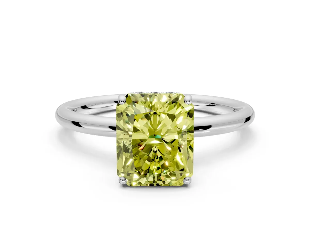 Solitaire Engagement Ring Setting for Fancy Yellow Radiant Cut Center with Plain Band, Open Basket and Prong Head in Sterling Silver