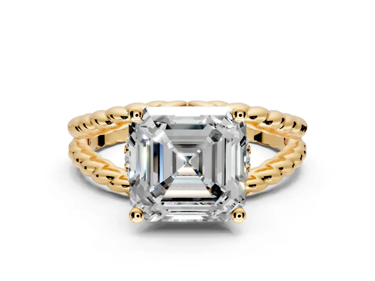 Halo Engagement Ring Setting for Asscher Cut Center with Rope Twist Split Shank and Prong Head in Yellow Gold