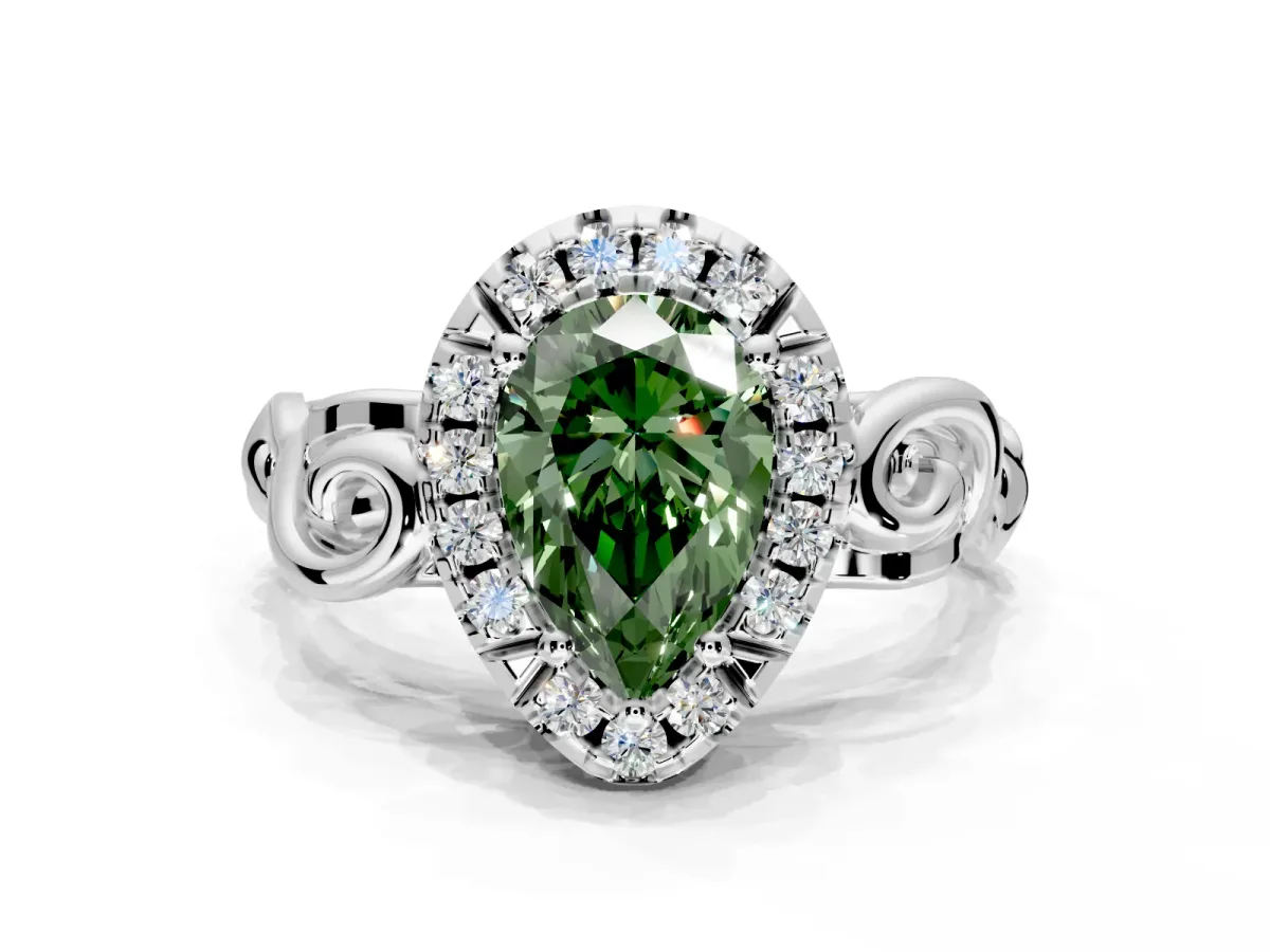 Halo Engagement Ring Setting for Fancy Green Pear-Shaped Center with Open Scroll Shoulders and Prong Head in Sterling Silver