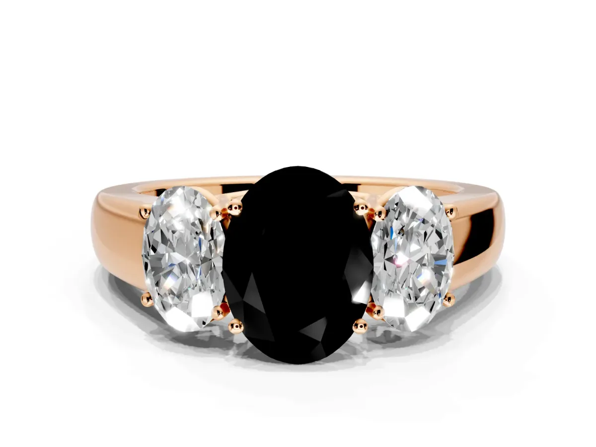 3 Stone Engagement Ring Setting for Fancy Black Oval Center with Raised Basket Heads and Prong Head in Rose Gold