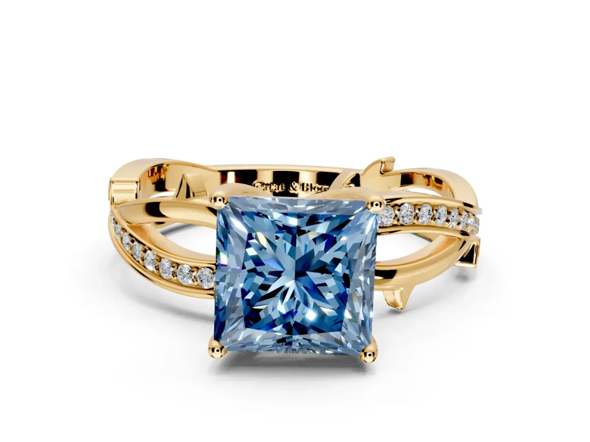 Solitaire Engagement Ring Setting for Fancy Blue Princess Cut Center with Pave and Plain Crossover Band and Prong Head in Yellow Gold