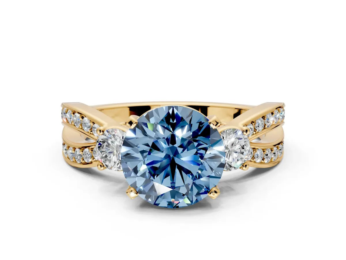 3 Stone Engagement Ring Setting for Fancy Blue Round Cut Center with Pave Twist Band and Prong Head in Yellow Gold