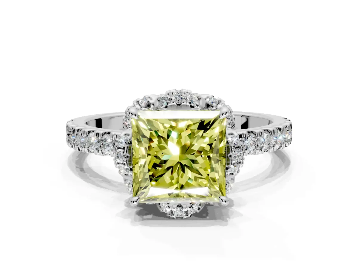 Halo Engagement Ring Setting for Fancy Yellow Princess Cut Center with Openwork Halo, Pave Band and Prong Head in Platinum