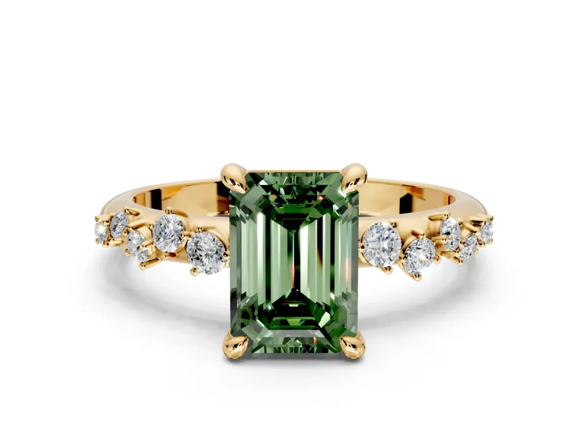 Solitaire Engagement Ring Setting for Fancy Green Emerald Cut Center with Trailing Leaf Accent Band and Prong Head in Yellow Gold